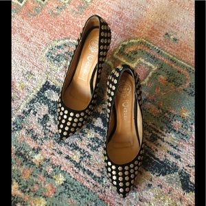 Black Suede Jeffrey Campbell Tia Heels with Gold Flower Studs Size 10